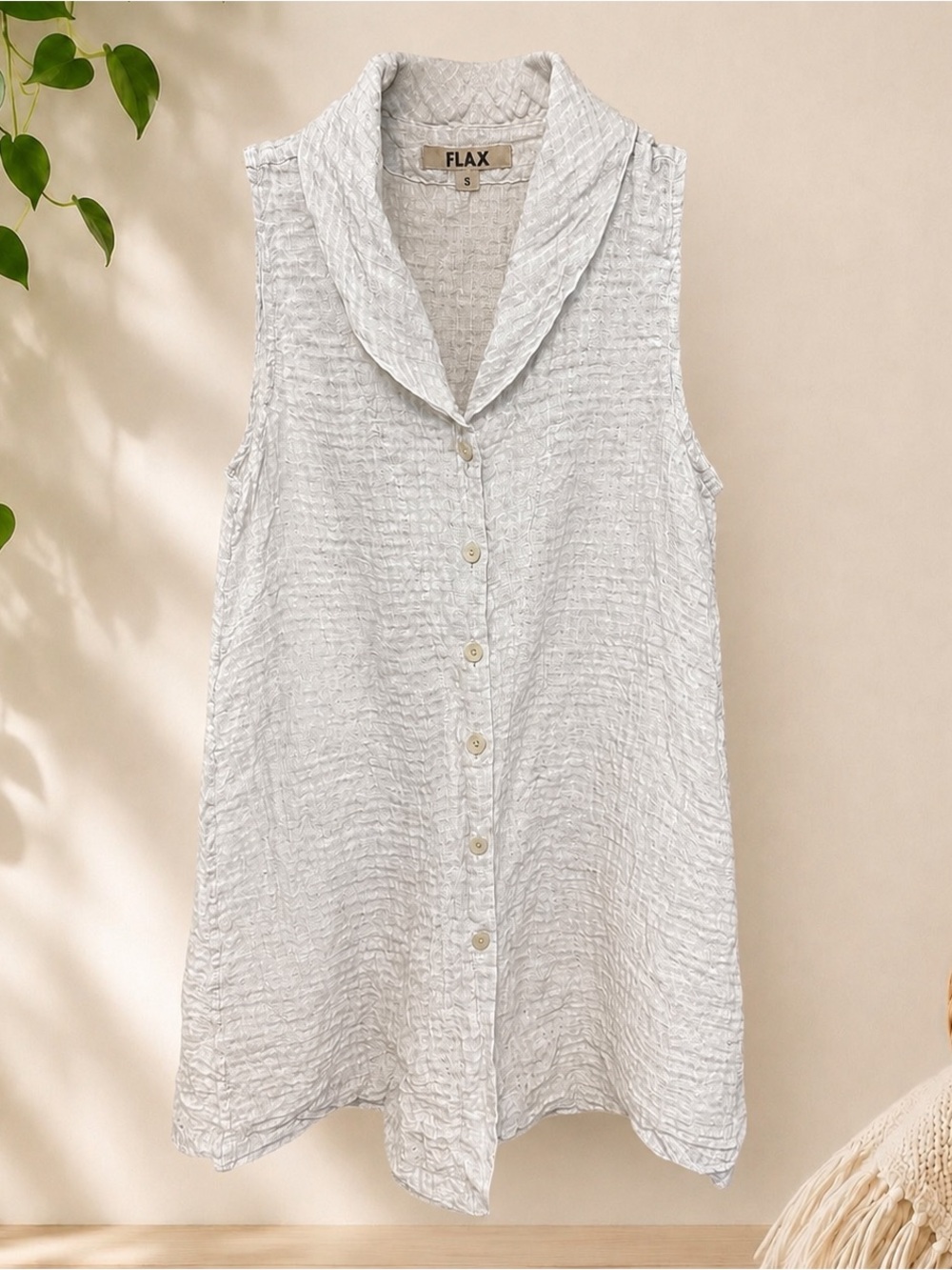 Flax 100% Linen Off White Sleeveless Crinkle Shawl-Collar Button Down Tunic-Sz S